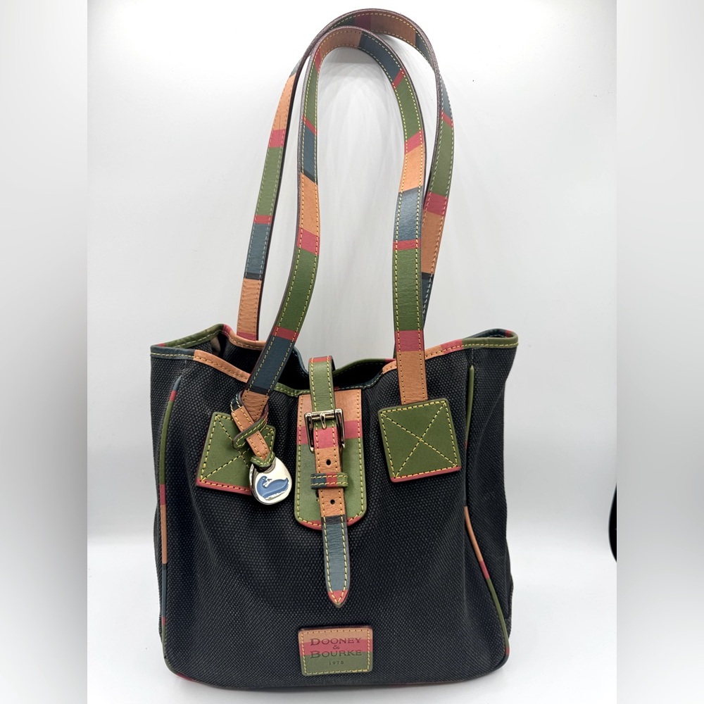 Dooney & Bourke grayblue Canvas Tote w/Leather multicolor leather Straps & trim